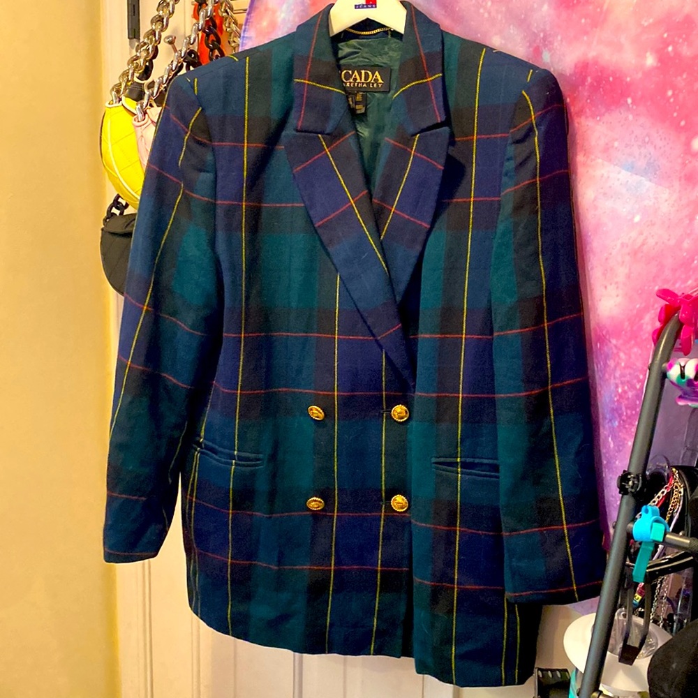 Vintage Authentic Escada Green Plaid Tartan Blazer Size 42 Mad OG Status